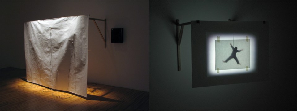 les yeux fermés,installation cinétique et sonore et vidéo de manon labrecque,mécanismes,images,corps,suspension,dessin