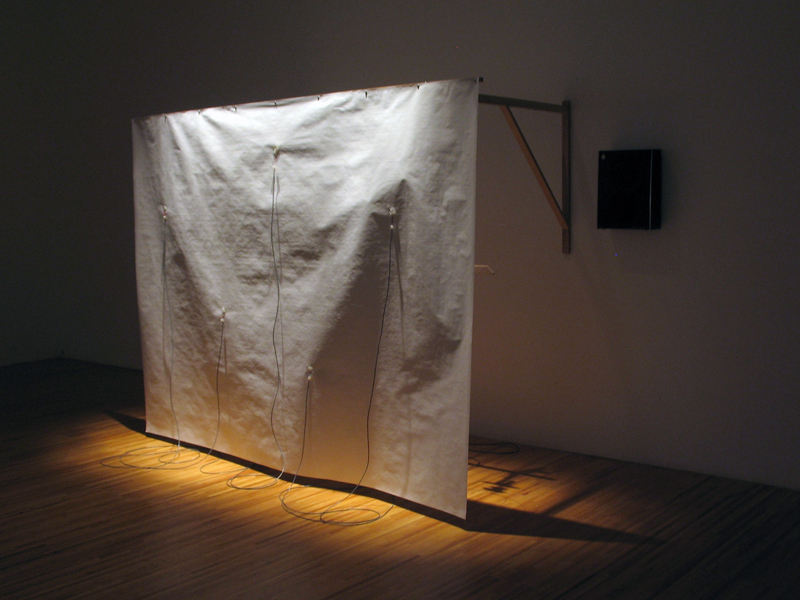 les yeux fermés,installation cinétique et sonore et vidéo de manon labrecque,mécanismes,images,corps,suspension,dessin