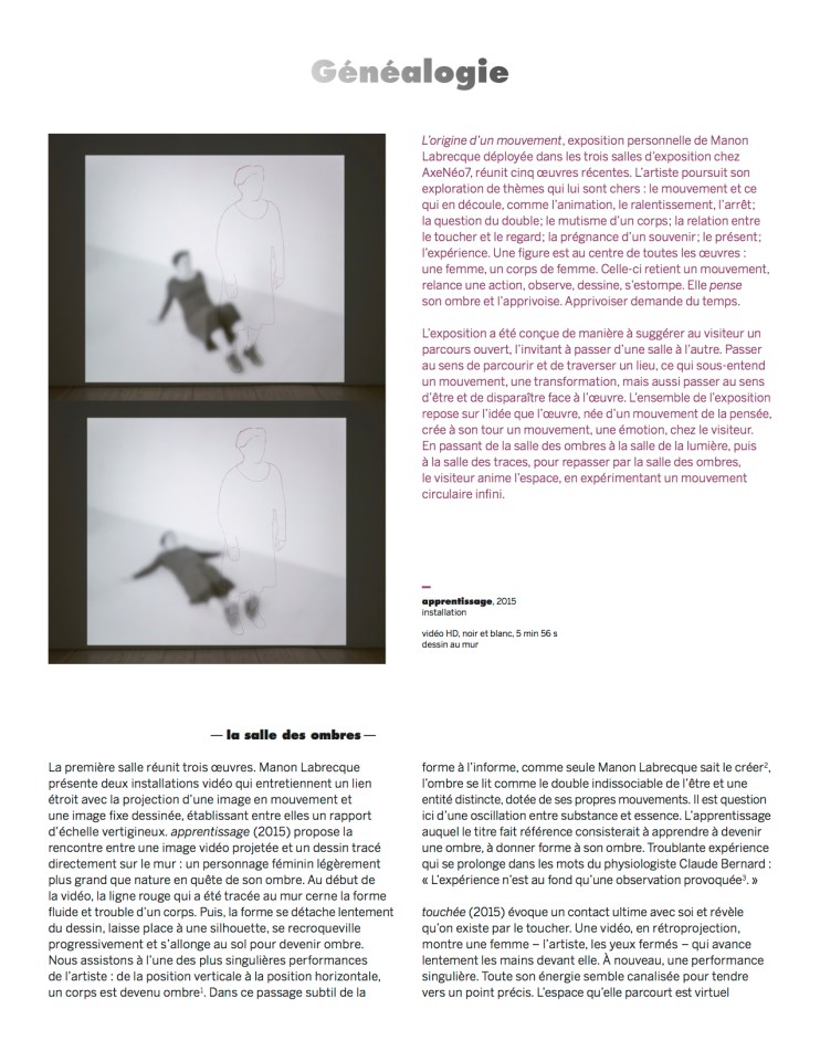 généalogie,texte Nicole Gingras, expo Manon Labrecque,2015