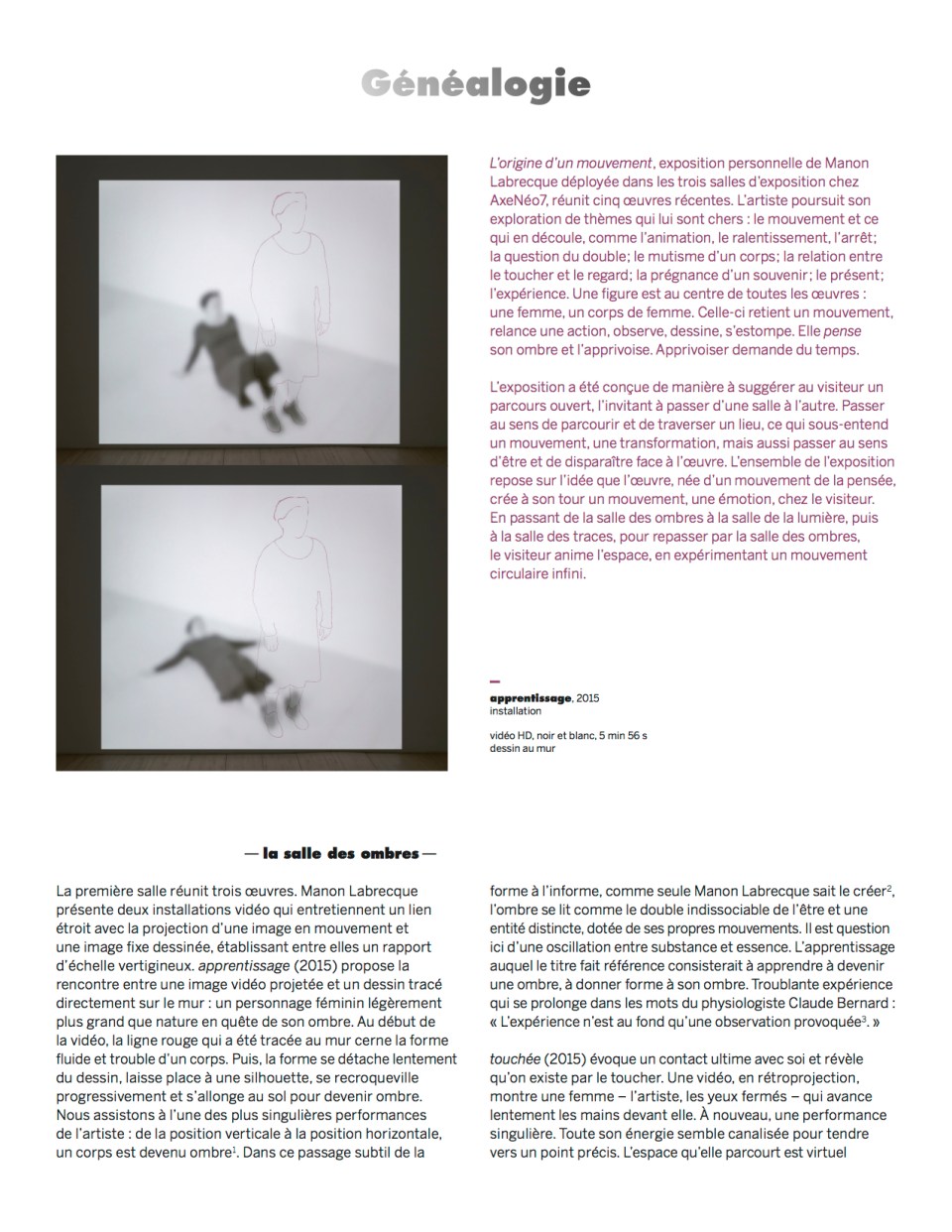 généalogie,texte Nicole Gingras, expo Manon Labrecque,2015